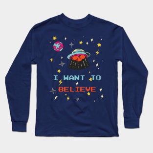 I Want To Believe Blue UFO Doodle Long Sleeve T-Shirt